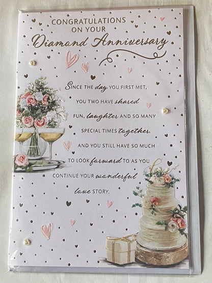 Congratulations On Your Diamond Anniversary 60th Wedding Anniversary Card Cake/Flowers/Silver Words Pearls/Foil Detail(PRELUDE49784)