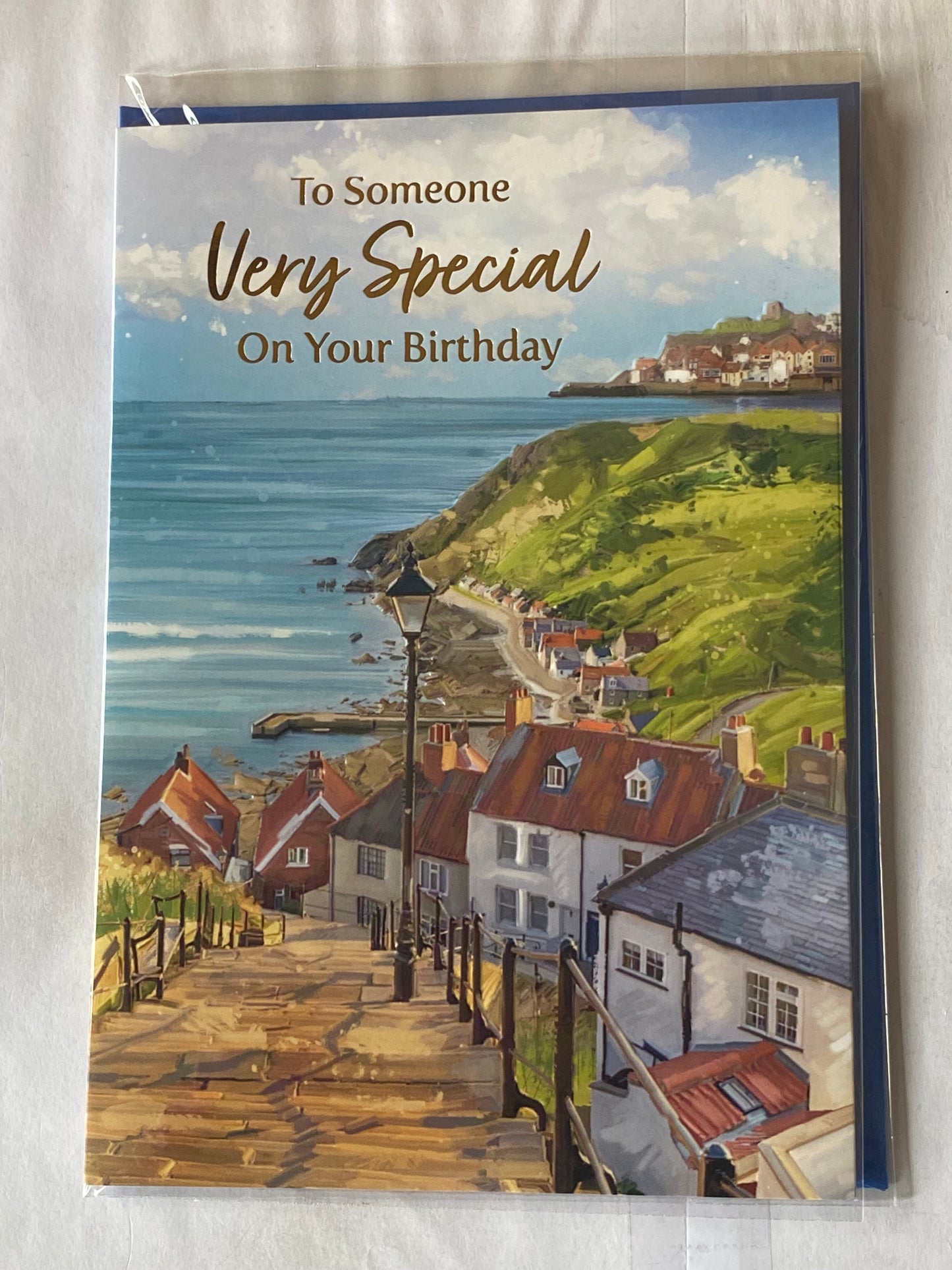 Mens/Male To Someone Very Special On Your Birthday Card Coastal Scene/Houses/Steps Foil Detail(NC-VA268A)