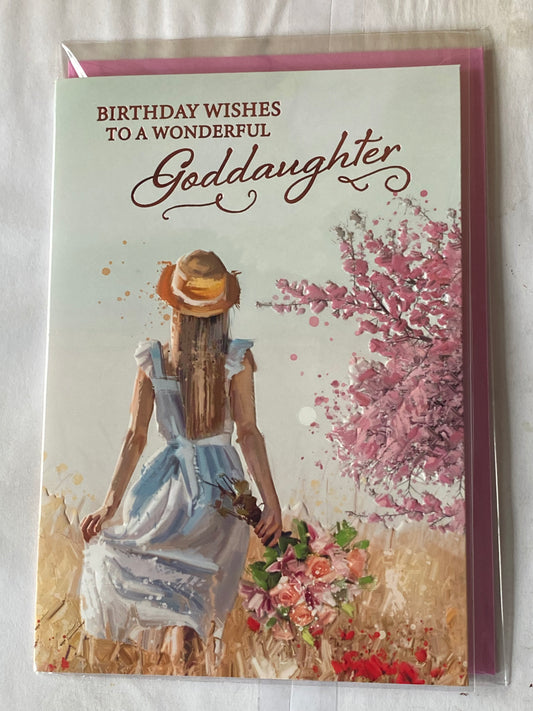 Birthday Wishes To A Wonderful Goddaughter Birthday Card Lady/Summer Dress/Summer Field Foil Detail(NC-VA260A)