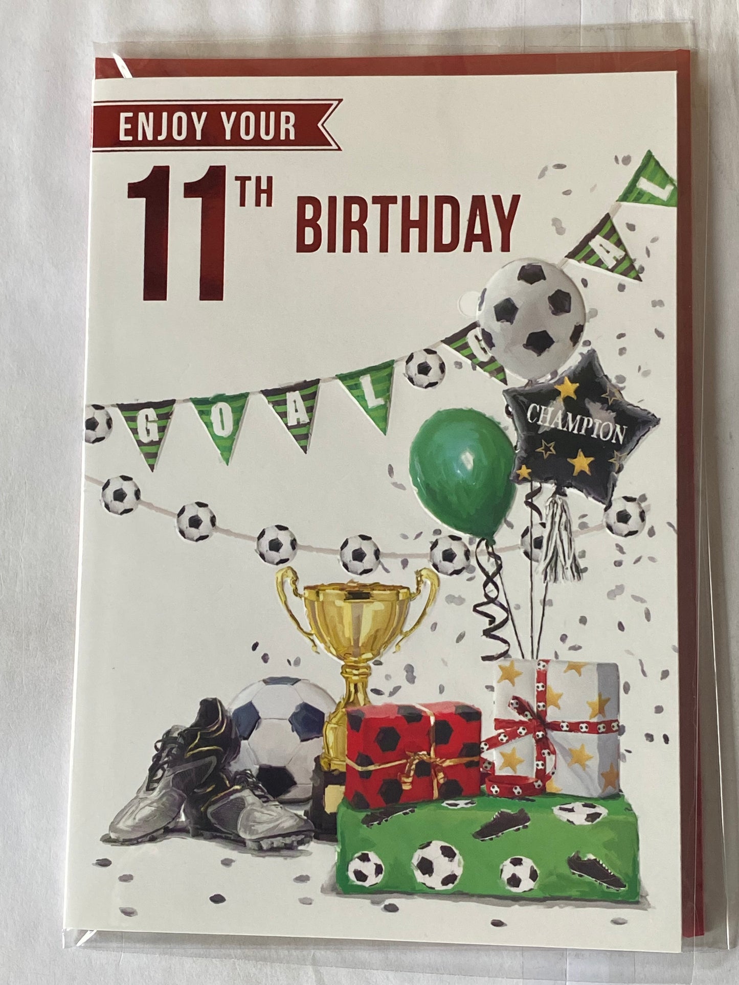 Boys Male Age 11 11th Eleven Eleventh Enjoy Your 11th Birthday Card Bunting/Footballs/Boots/Trophy Foil Detail(VA276A)