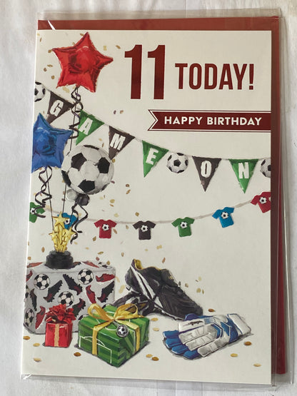 Boys Male Age 11 11th Eleven Eleventh 11 Today Happy Birthday Card Bunting/Footballs/Boots/Gloves Foil Detail(VA276E)