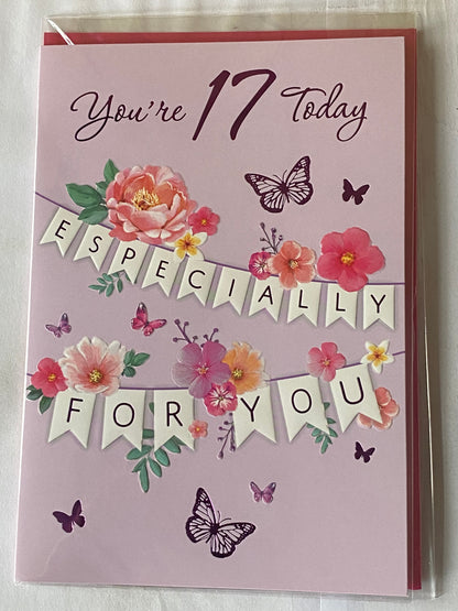 Girls Female Age 17 17th Seventeen Seventeenth You're 17 Today Especially For You Birthday Card Purple-Bunting/Flowers/Butterflies Foil Detail(NC-VA263A)