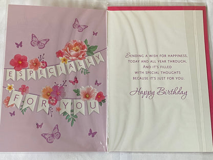 Girls Female Age 17 17th Seventeen Seventeenth You're 17 Today Especially For You Birthday Card Purple-Bunting/Flowers/Butterflies Foil Detail(NC-VA263A)