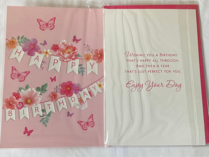 Girls Female Age 17 17th Seventeen Seventeenth You're 17 Today Have A Very Happy Birthday Card Pink-Bunting/Flowers/Butterflies Foil Detail(NC-VA263E)