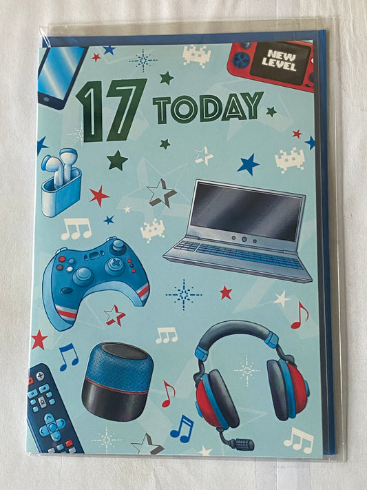 Boys Male Age 17 17th Seventeen Seventeenth 17 Today Birthday Card Green-Techno Gadgets Foil Detail(VA240A)