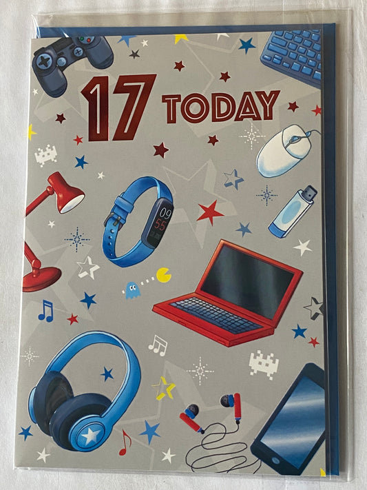 Boys Male Age 17 17th Seventeen Seventeenth 17 Today Birthday Card Grey-Techno Gadgets Foil Detail(VA240E)