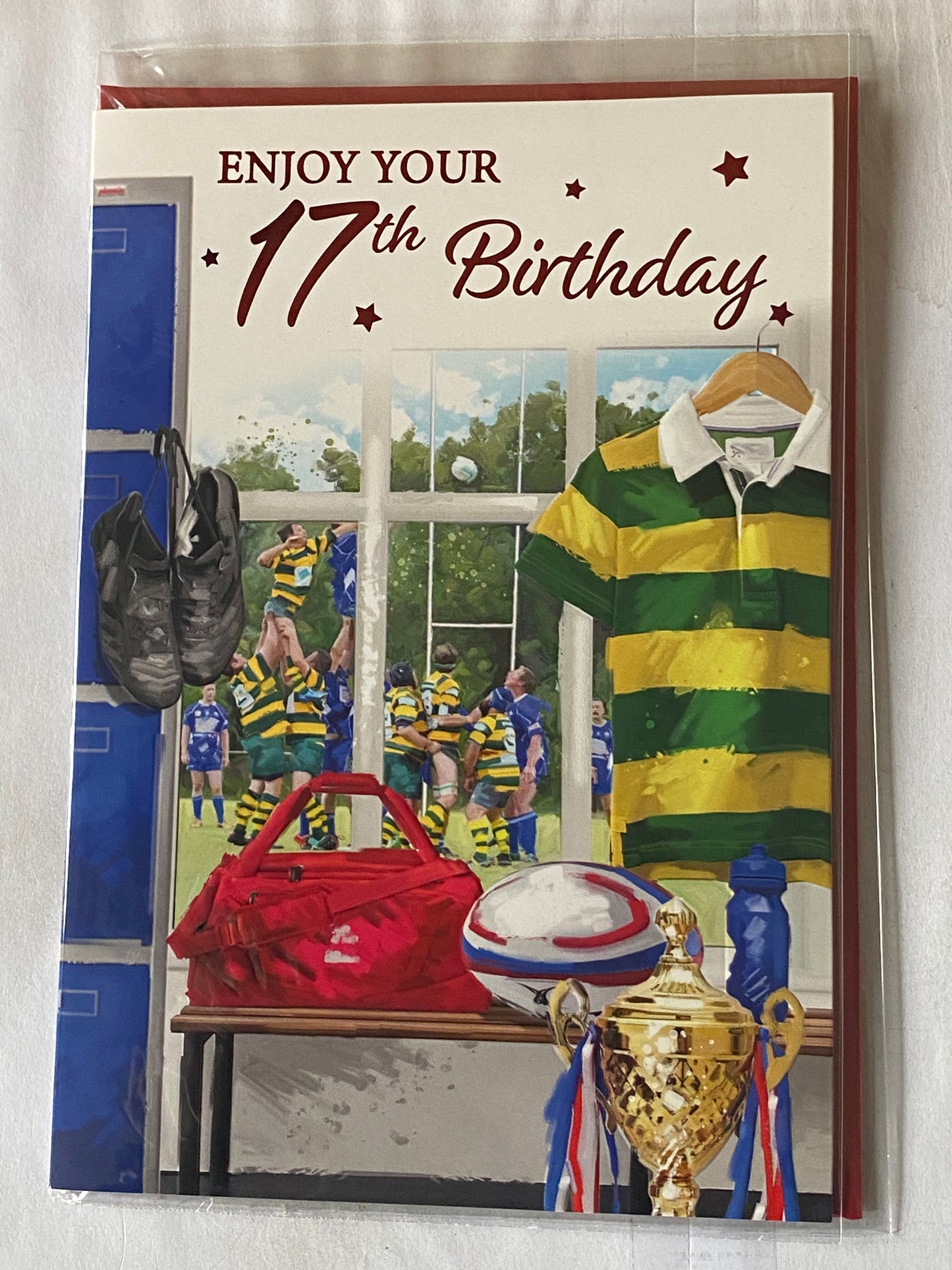 Boys Male Age 17 17th Seventeen Seventeenth Enjoy Your 17th Birthday Card Rugby Players/Equipment Foil Detail(VA269A)