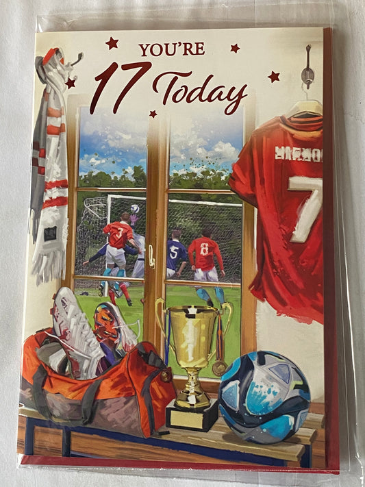 Boys Male Age 17 17th Seventeen Seventeenth You're 17 Today Birthday Card Football Players/Equipment Foil Detail(VA269E)