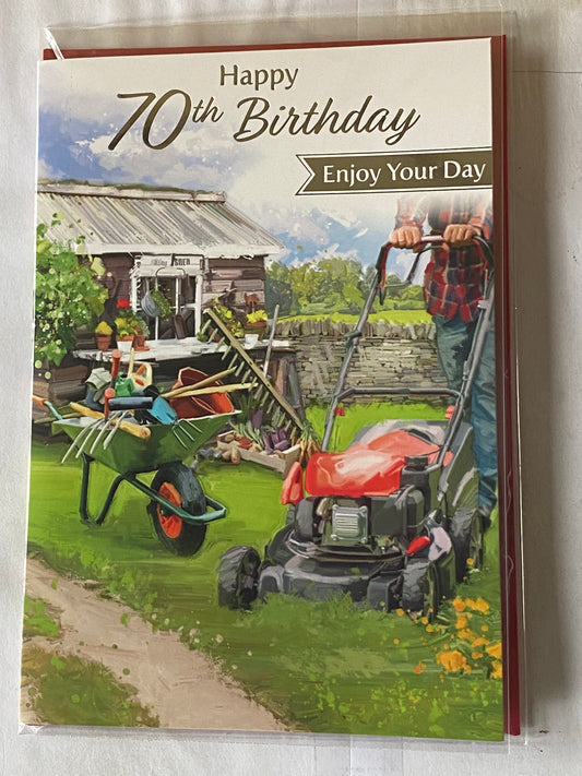 Mens Male Age 70 70th Seventy Seventieth Happy 70th Birthday Enjoy Your Day Birthday Card Gardening/Lawnmower/Wheelbarrow/Shed Foil Detail(NC-VA271A)