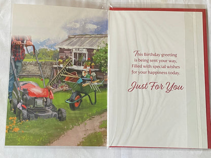 Mens Male Age 70 70th Seventy Seventieth Happy 70th Birthday Enjoy Your Day Birthday Card Gardening/Lawnmower/Wheelbarrow/Shed Foil Detail(NC-VA271A)