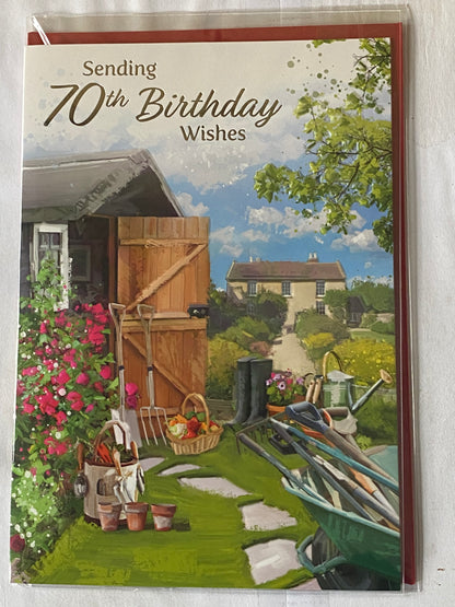 Mens Male Age 70 70th Seventy Seventieth Sending 70th Birthday Wishes Birthday Card Gardening/Wheelbarrow/Shed/House Foil Detail(NC-VA271E)