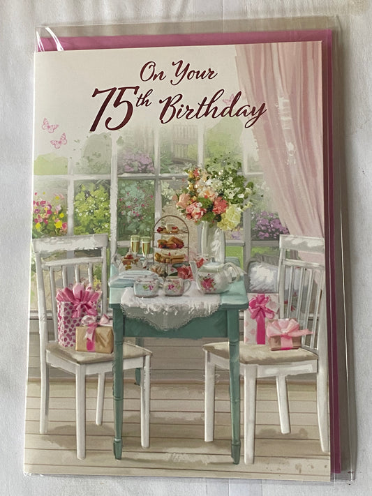 Ladies/Female Age 75 75th Seventy-Five Seventy-Fifth On Your 75th Birthday Card Indoor Afternoon Tea Foil Detail(NC-VA251E)