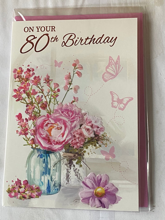 Ladies/Female Age 80 80th Eighty Eightieth On Your 80th Birthday Card 2 Glass Vases/Flowers/Butterflies Foil Detail(NC-VA261E)