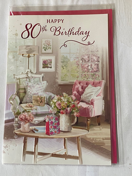 Ladies/Female Age 80 80th Eighty Eightieth Happy 80th Birthday Card Chairs/Coffee Table/Flowers Foil Detail(NC-VA257A)