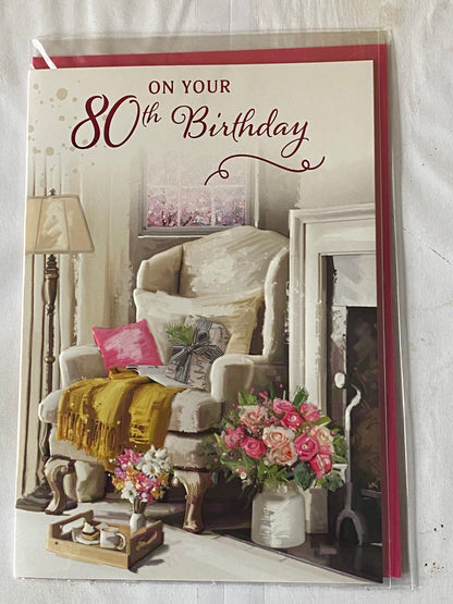 Ladies/Female Age 80 80th Eighty Eightieth On Your 80th Birthday Card Chair/Fireplace/Flowers Foil Detail(NC-VA257E)