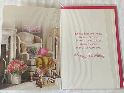 Ladies/Female Age 80 80th Eighty Eightieth On Your 80th Birthday Card Chair/Fireplace/Flowers Foil Detail(NC-VA257E)