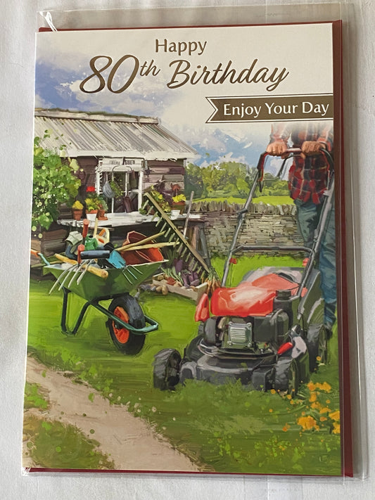 Mens Male Age 80 80th Eighty Eightieth Happy 80th Birthday Enjoy Your Day Birthday Card Gardening/Lawnmower/Wheelbarrow/Shed Foil Detail(NC-VA271A)