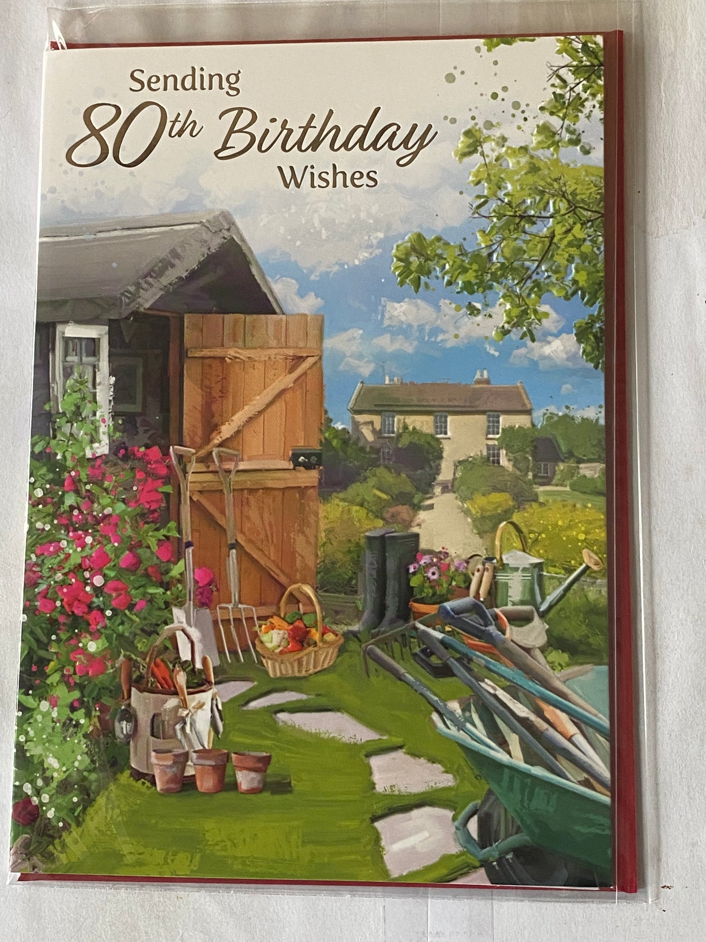 Mens Male Age 80 80th Eighty Eightieth Sending 80th Birthday Wishes Birthday Card Gardening/Wheelbarrow/Shed/House Foil Detail(NC-VA271E)