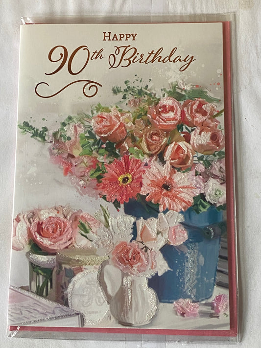 Ladies/Female Age 90 90th Ninety Ninetieth Happy 90th Birthday Card Flowers/Blue Bucket Glitter/Foil Detail(VA250A)