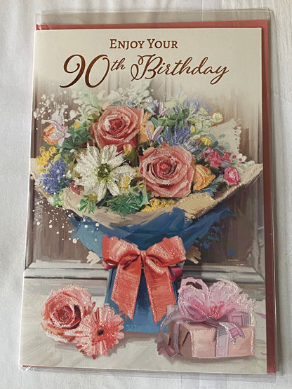 Ladies/Female Age 90 90th Ninety Ninetieth Enjoy Your 90th Birthday Card Bouquet Flowers Glitter/Foil Detail(VA250E)