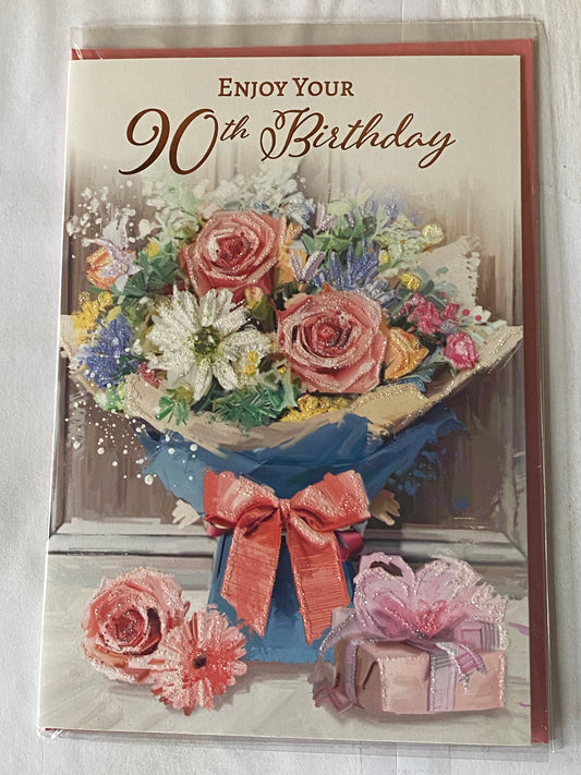 Ladies/Female Age 90 90th Ninety Ninetieth Enjoy Your 90th Birthday Card Bouquet Flowers Glitter/Foil Detail(VA250E)