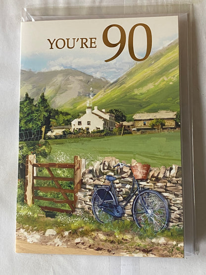 Mens Male Age 90 90th Ninety Ninetieth You're 90 Birthday Card Countryside/Houses/Bike Foil Detail(NC-VA192A)