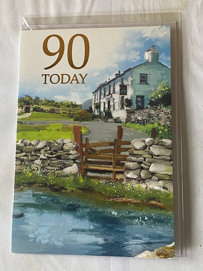 Mens Male Age 90 90th Ninety Ninetieth 90 Today Birthday Card Countryside/Pub/Stream Foil Detail(NC-VA192E)