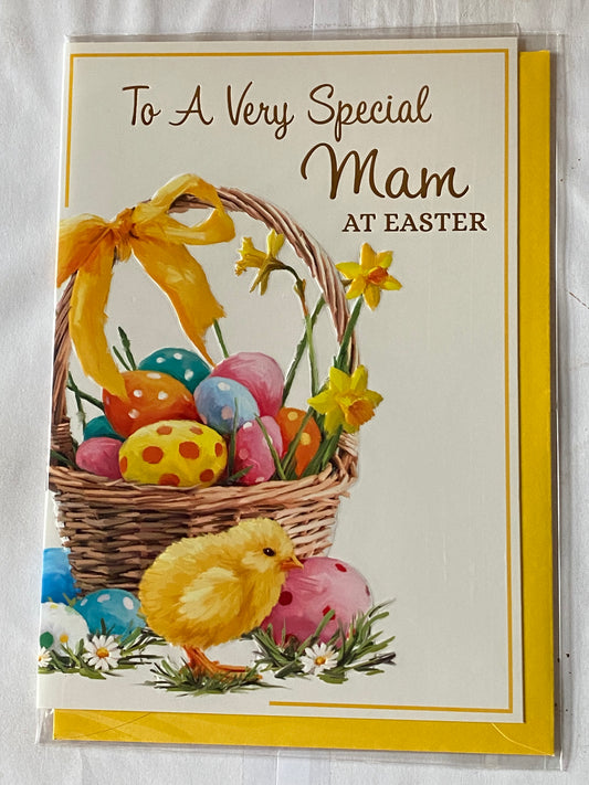 To A Very Special Mam At Easter Card Easter Basket/Multi Easter Eggs/Chick/Daffodils Foil Detail(PH47786E)