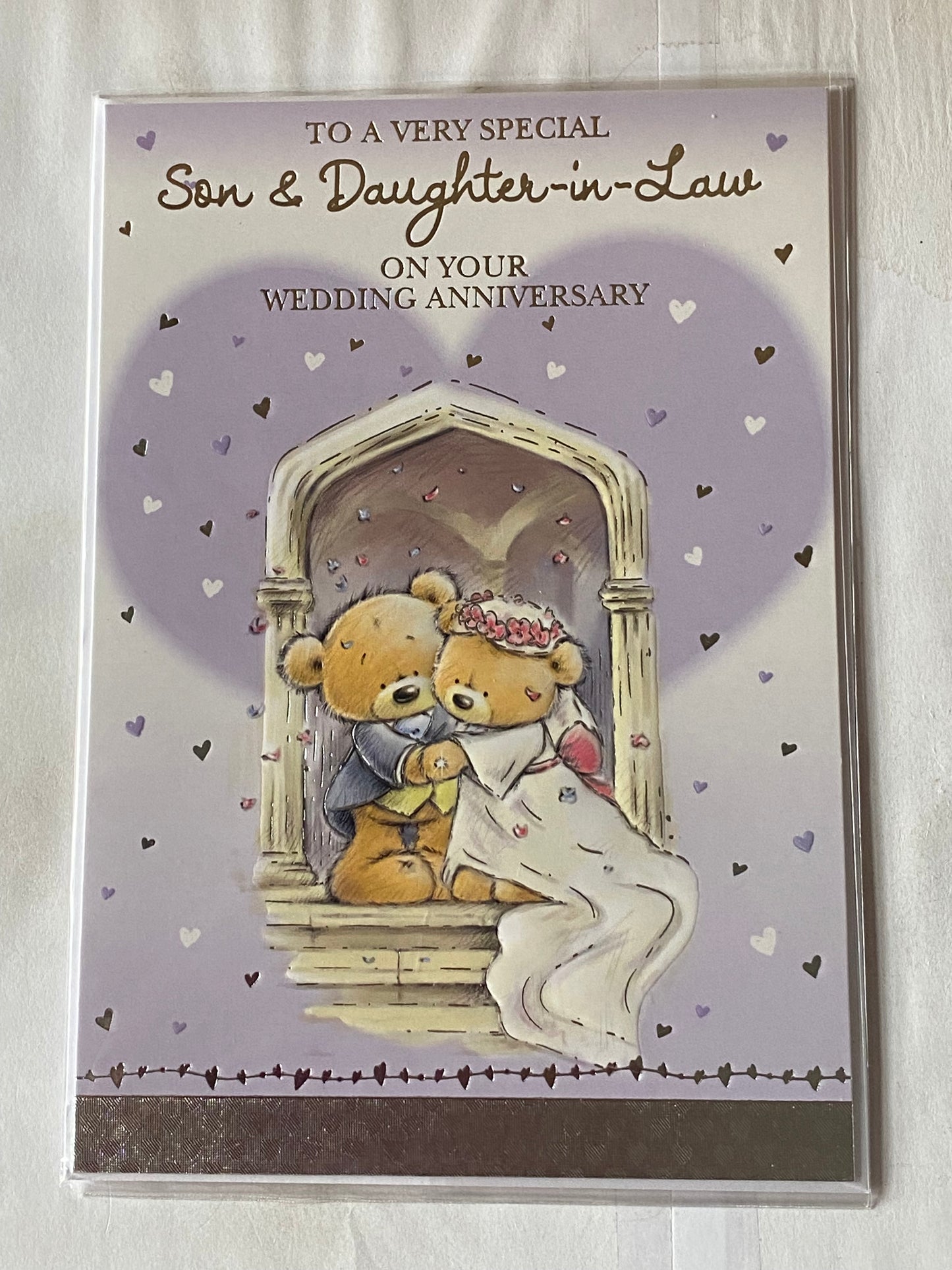 To A Very Special Son & Daughter-In-Law On Your Wedding Anniversary Card Purple/White Heart/Teddies Bride+Groom/Archway Foil Detail(PH34443E)