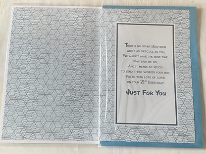 To A Special Brother 21st Birthday Wishes Birthday Card Age 21 Twenty-One White/Blue/Silver Pattern/Words 3D/Foil Detail(PRELUDE45634)