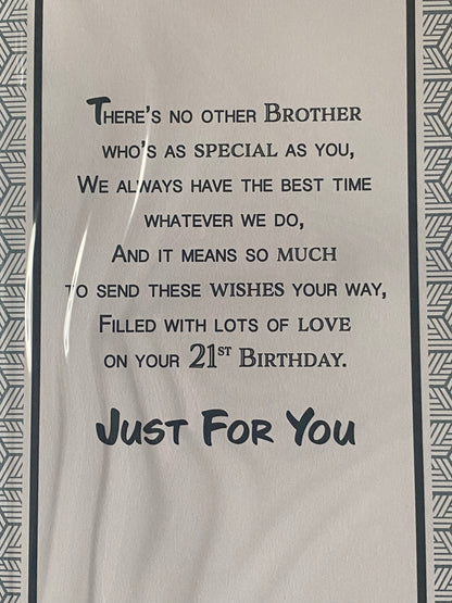 To A Special Brother 21st Birthday Wishes Birthday Card Age 21 Twenty-One White/Blue/Silver Pattern/Words 3D/Foil Detail(PRELUDE45634)