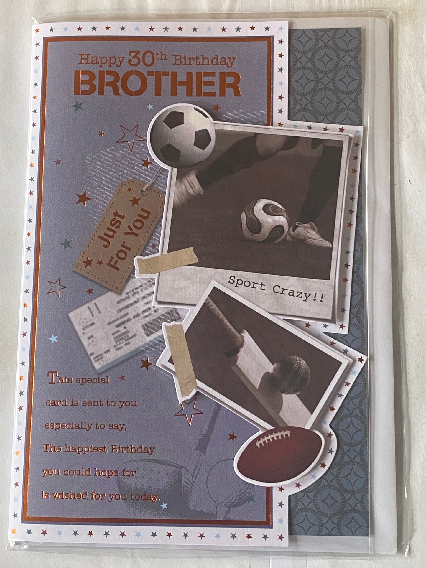 Happy 30th Birthday Brother Just For You Sport Crazy Birthday Card Age 30 Thirty Football/Cricket Design 3D/Foil Detail(PRELUDE38619)