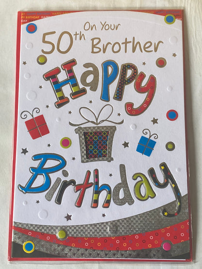 On Your 50th Brother Happy Birthday Card Age 50 Fifty White/Multi Words Foil Detail(PRELUDE33188)