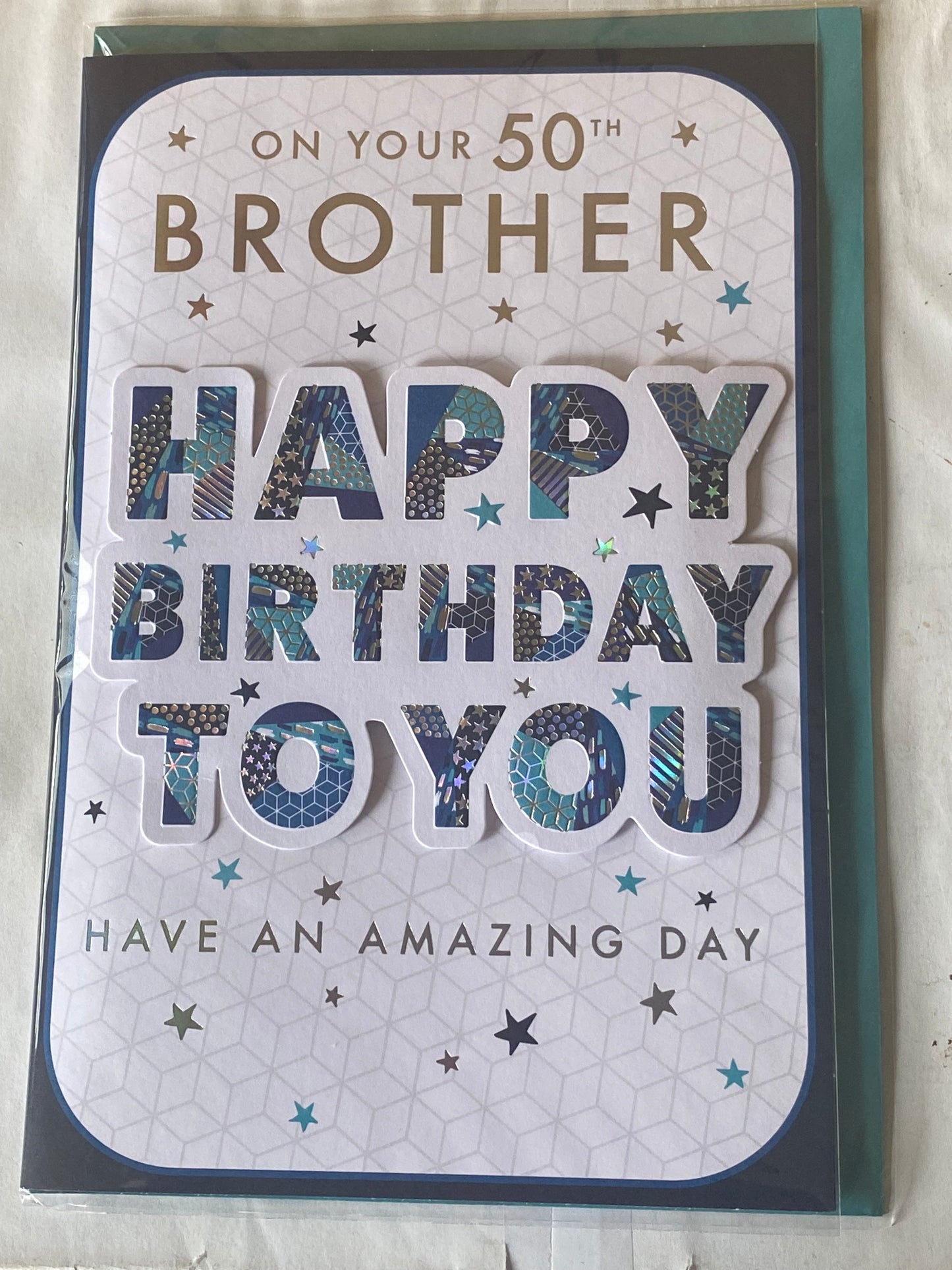 On Your 50th Brother Happy Birthday To You Have An Amazing Day Birthday Card Age 50 50th Fifty Fiftieth Blue/Green/Silver Words/Stars 3D/Foil Detail(PRELUDE48252)