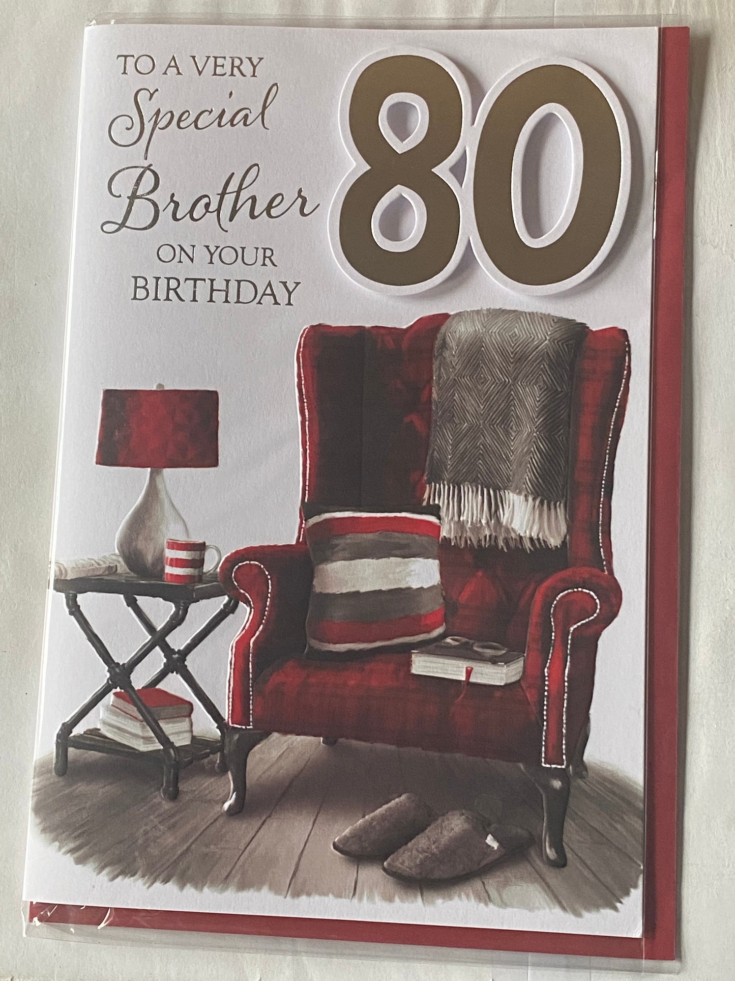 To A Very Special Brother On Your Birthday Age 80 Birthday Card Age 80 80th Eighty Red Chair/Words 3D/Foil Detail(PRELUDE45703)