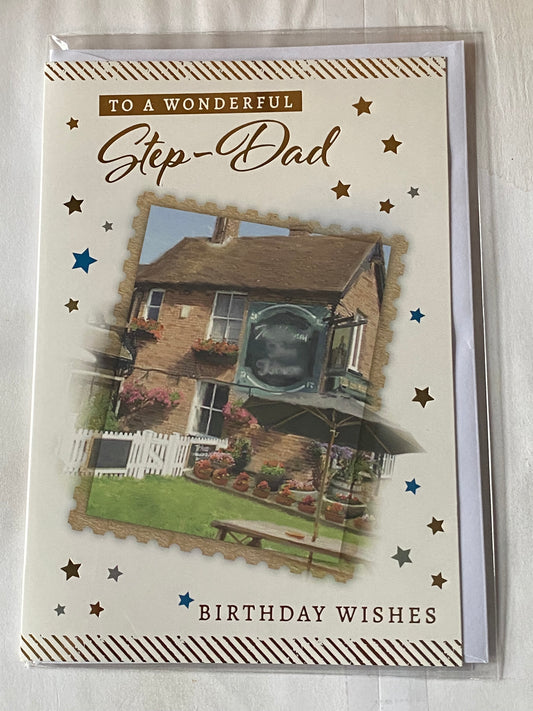 To Wonderful Step-Dad Birthday Wishes Birthday Card Pub/Beer Garden/Gold Words/Gold+Blue Stars Foil Detail(PH47343A)