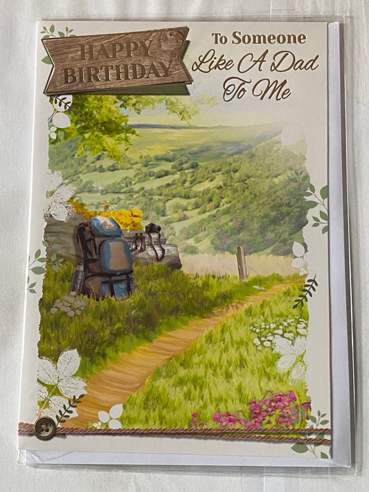 Happy Birthday to Someone Like A Dad to Me Birthday Card Countryside Scene/Blue Rucksack Foil Detail(PH42329A)