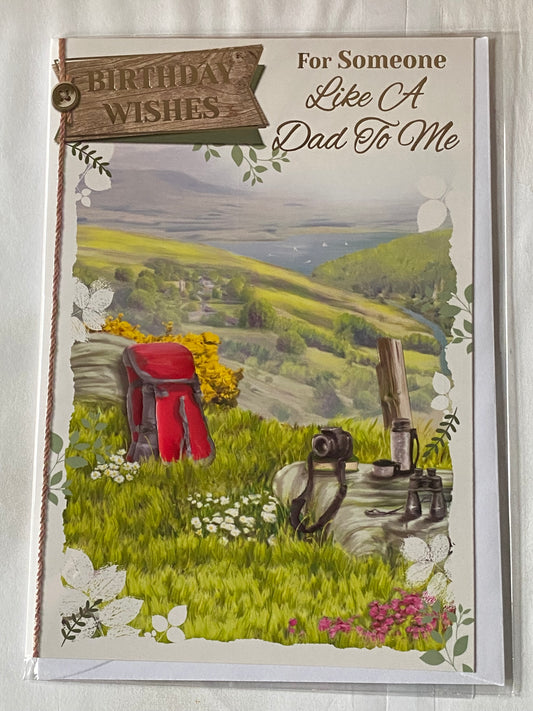 Birthday Wishes For Someone Like A Dad To Me Birthday Card Countryside Scene/Red Rucksack Foil Detail(PH42329B)