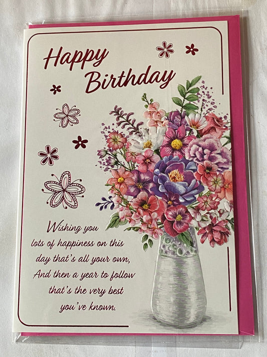 Ladies Female Happy Birthday Birthday Card Generic Open Multi Flowers/Silver Vase/Pink Words Foil Detail(PH47335A)