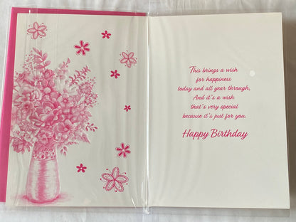 Ladies Female Happy Birthday Birthday Card Generic Open Multi Flowers/Silver Vase/Pink Words Foil Detail(PH47335A)