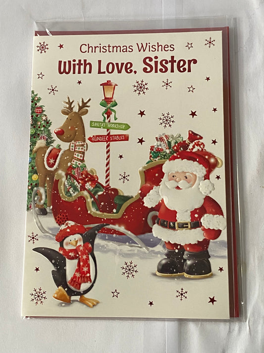 Christmas Wishes With Love Sister Christmas Card Cute Santa/Red Sleigh(PH46360A)