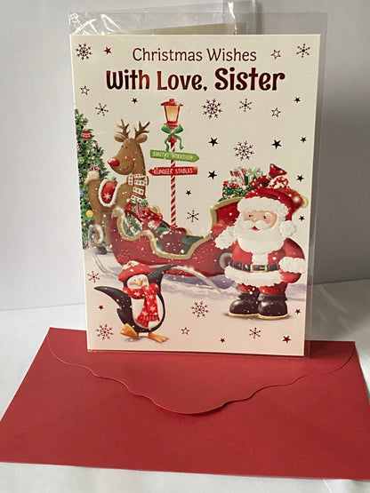 Christmas Wishes With Love Sister Christmas Card Cute Santa/Red Sleigh(PH46360A)