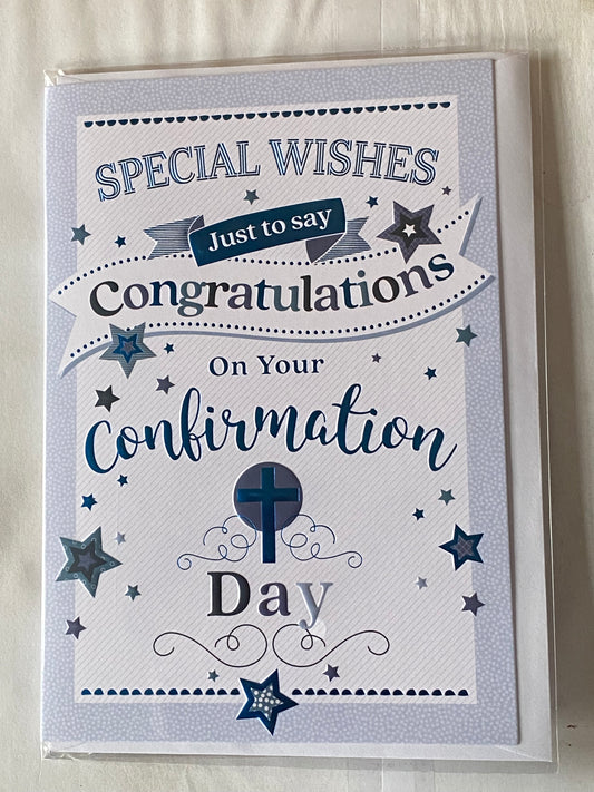 Boys/Male/Mens Special Wishes Just To Say Congratulations On Your Confirmation Day Confirmation Card Open Confirmed White-Blue Words/Stars Foil Detail(KI48814E)