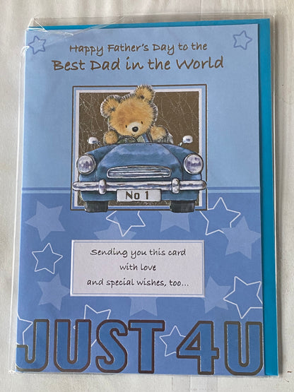 Happy Father's Day To The Best Dad In The World Fathers Day Card Blue/White/Silver Teddy/Blue Car Foil Detail(SS31117E)