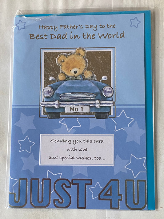 Happy Father's Day To The Best Dad In The World Fathers Day Card Blue/White/Silver Teddy/Blue Car Foil Detail(SS31117E)