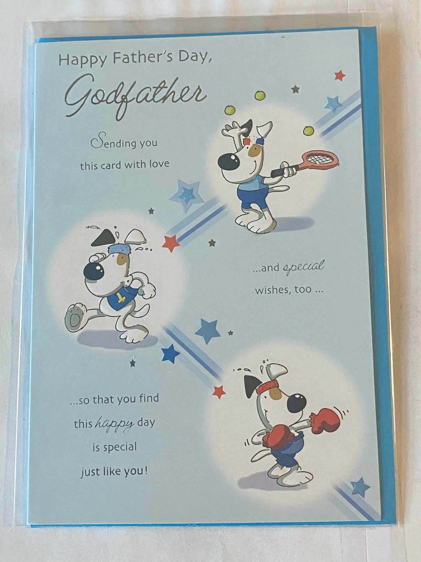 Happy Father's Day Godfather Fathers Day Card Blue/White Dog/Tennis/Running/Boxing/Words Foil Detail(SS31147E)