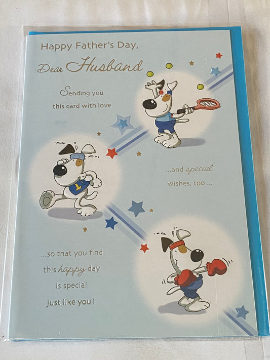 Happy Father's Day Dear Husband Fathers Day Card Blue/White Dog/Tennis/Running/Boxing/Words Foil Detail(SS31147E)