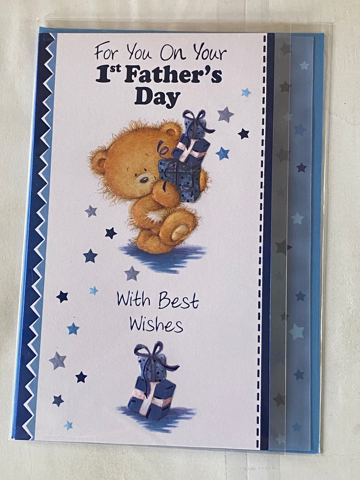 For You On Your 1st Father's Day With Best Wishes First Fathers Day Card White-Teddy/Blue Presents Foil Detail(SS31782A)