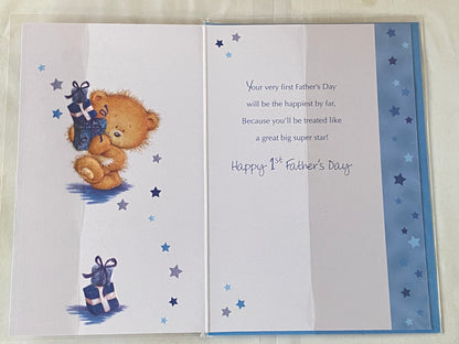 For You On Your 1st Father's Day With Best Wishes First Fathers Day Card White-Teddy/Blue Presents Foil Detail(SS31782A)