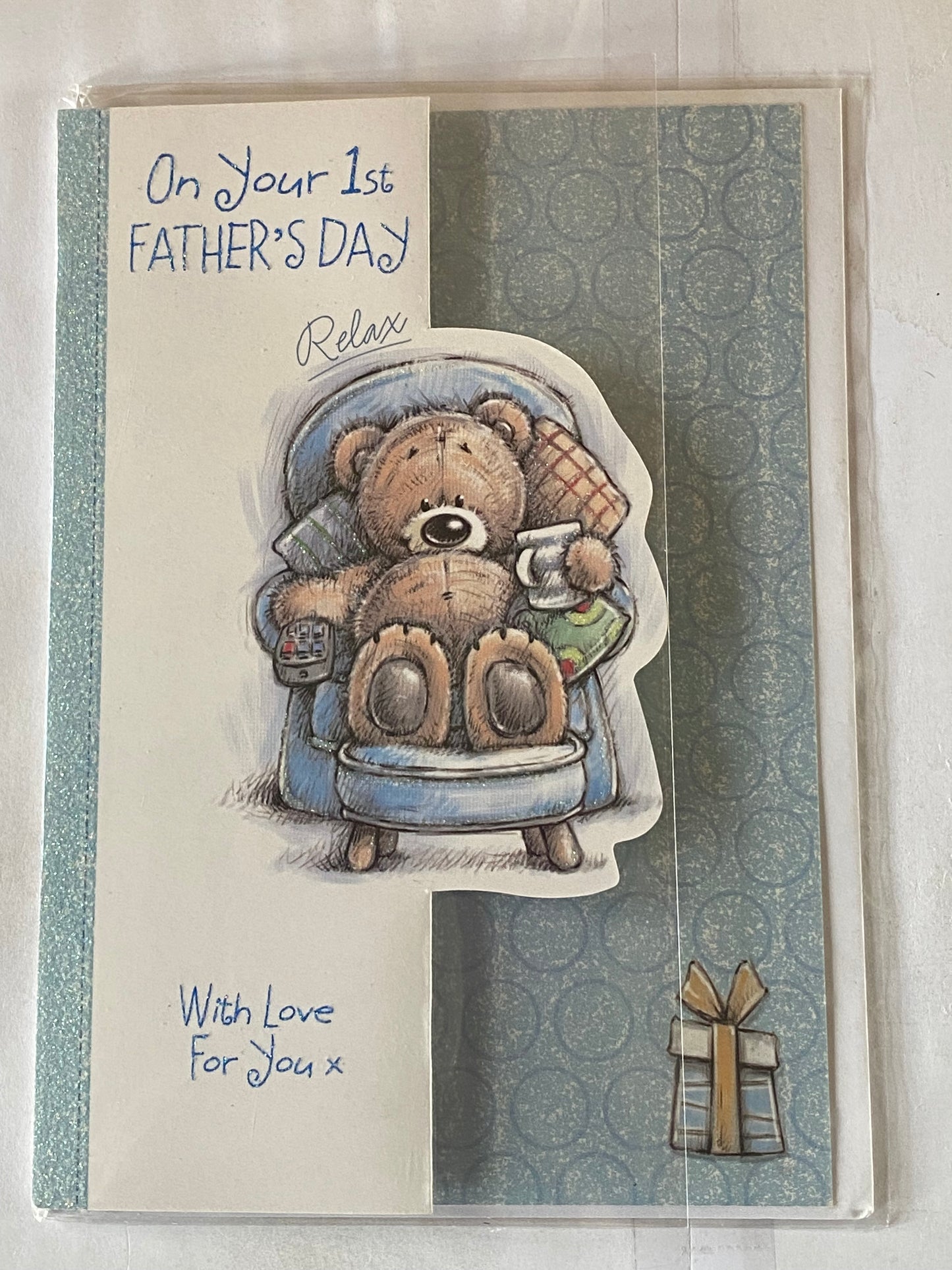 On Your 1st Father's Day With Love For You First Fathers Day Card Teddy/Sofa Chair/Cuppa Glitter Detail(HSF407A)